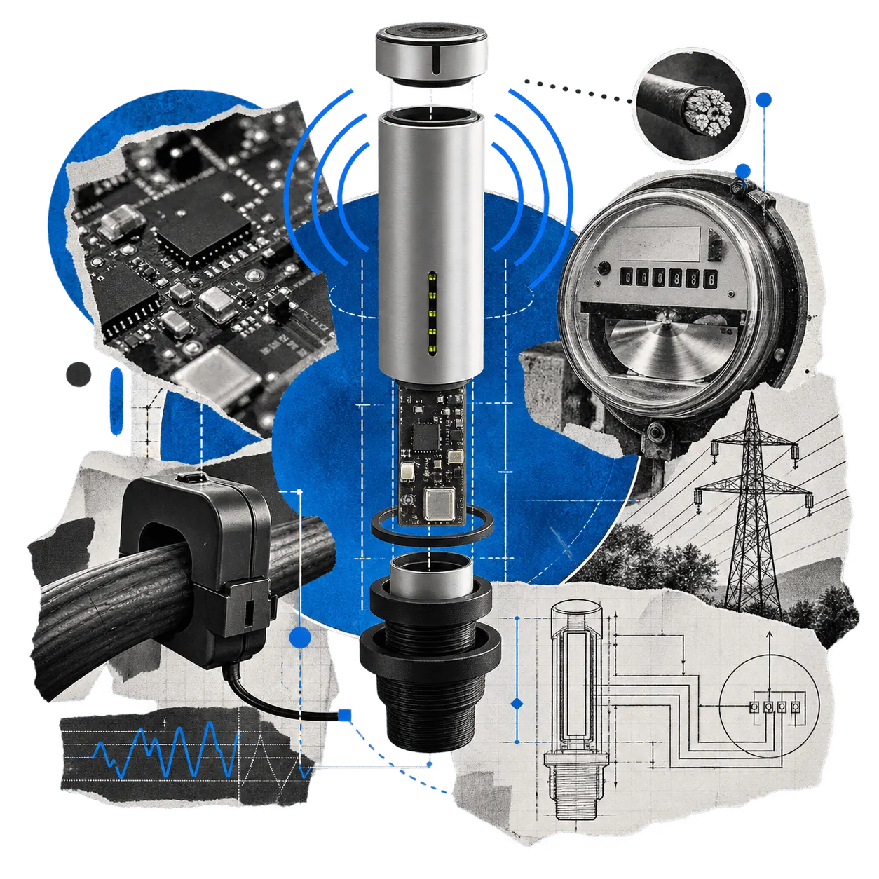 FoxInsights — collage of a sensor housing with circuit board, clamp-on current sensor, analog electricity meter and power pylon