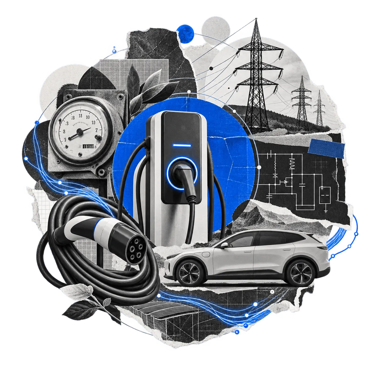reev — Collage aus Ladesäule, Ladekabel, Elektroauto und Stromnetz