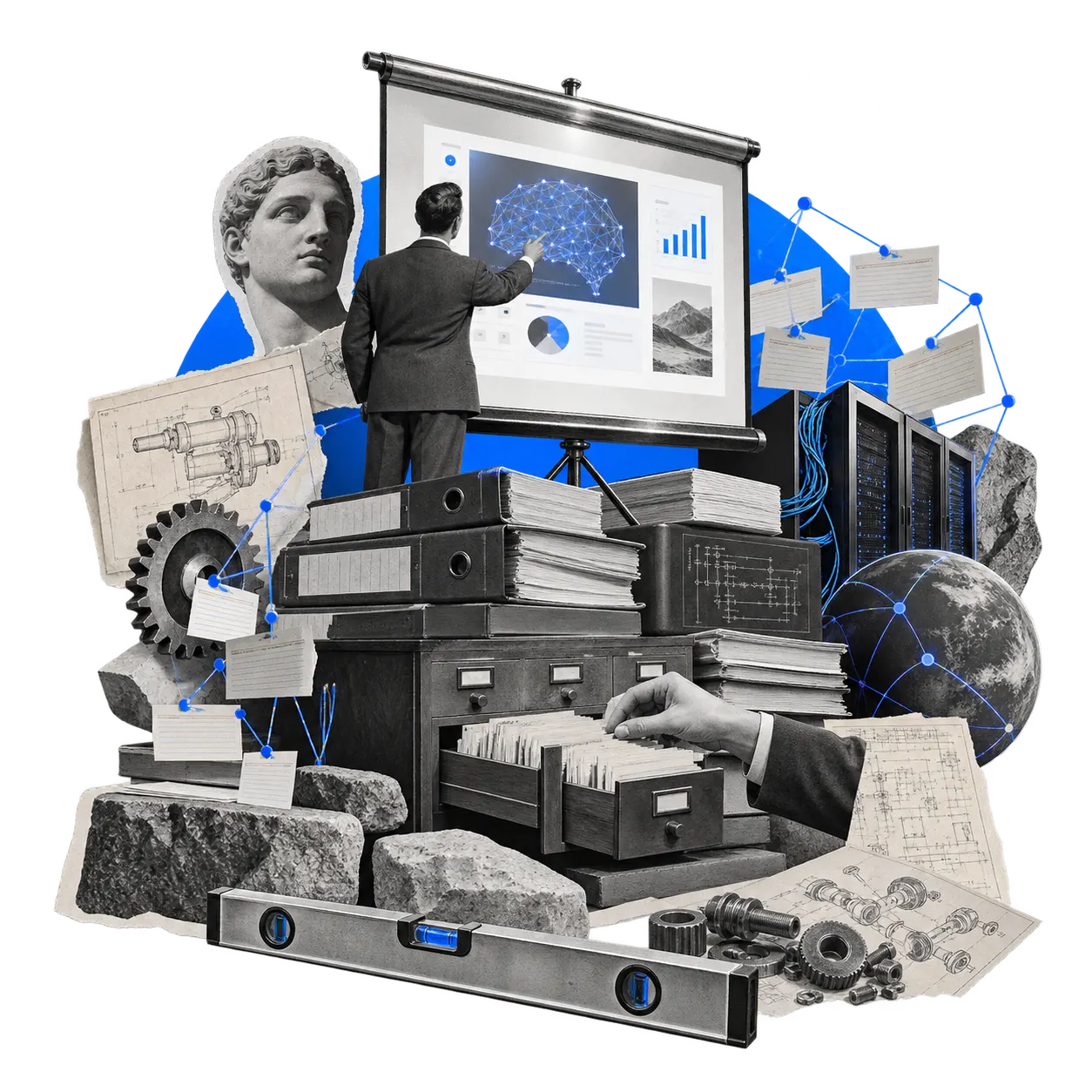 Collage: a demo on a projector screen above a foundation of binders, manuals and index cards linked by a network