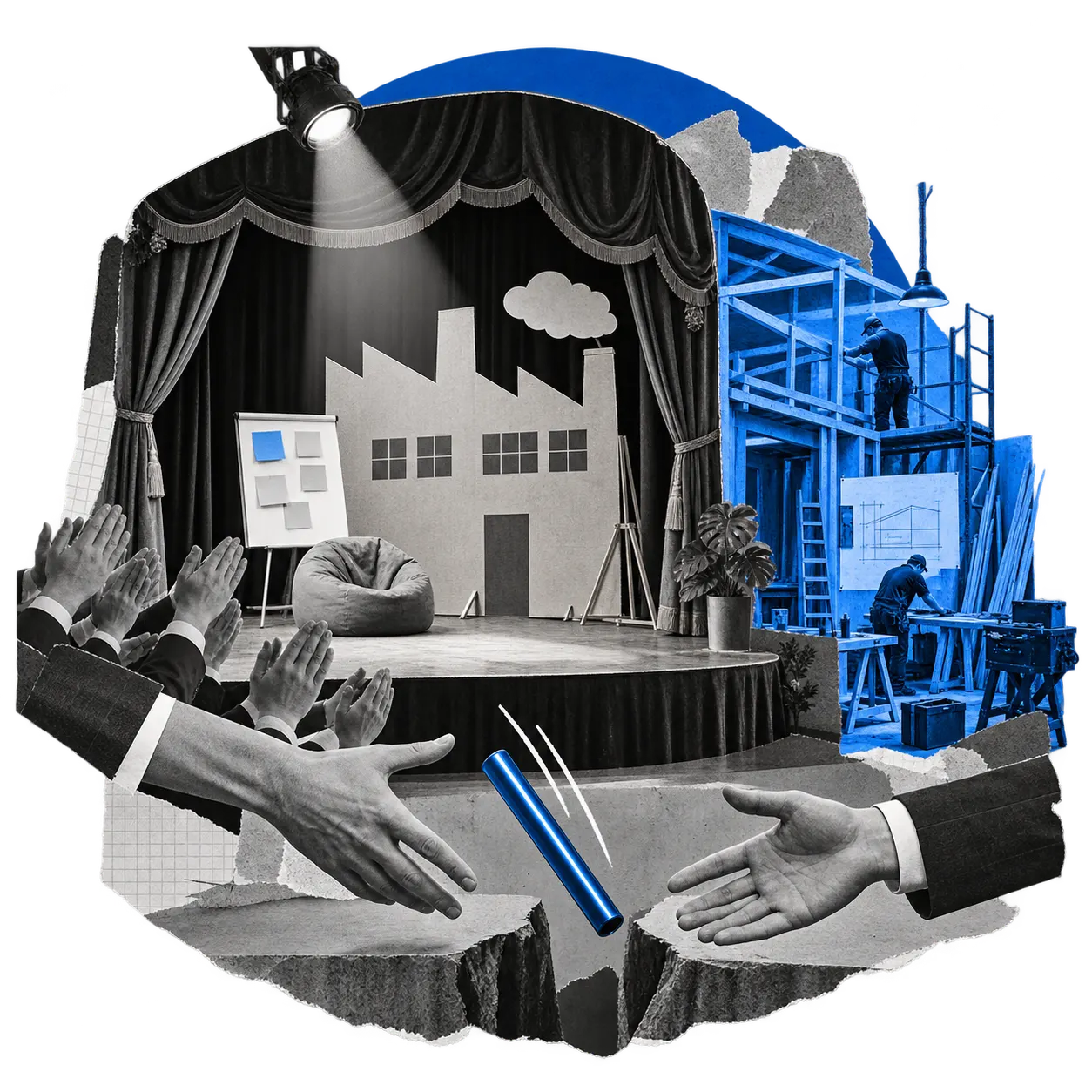 Collage: a theater stage with a cardboard factory and applause, a baton falling into the gap between two hands, a real workshop in blue behind it
