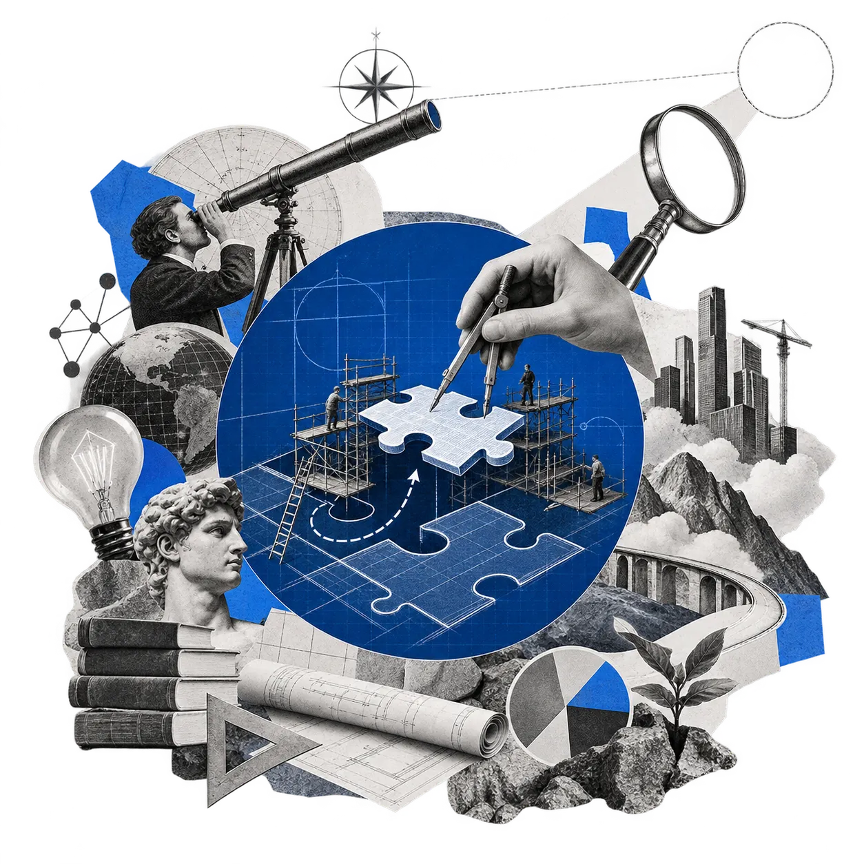 Collage: In einem blauen Kreis im Zentrum setzt eine Hand mit Zirkel ein Puzzleteil auf einen Bauplan, umgeben von Gerüsten mit kleinen Arbeitern, ein gestrichelter Pfeil führt von der Lücke zum Teil. Drumherum blickt ein Mann durch ein Fernrohr, und eine Lupe zielt auf eine leere Stelle.