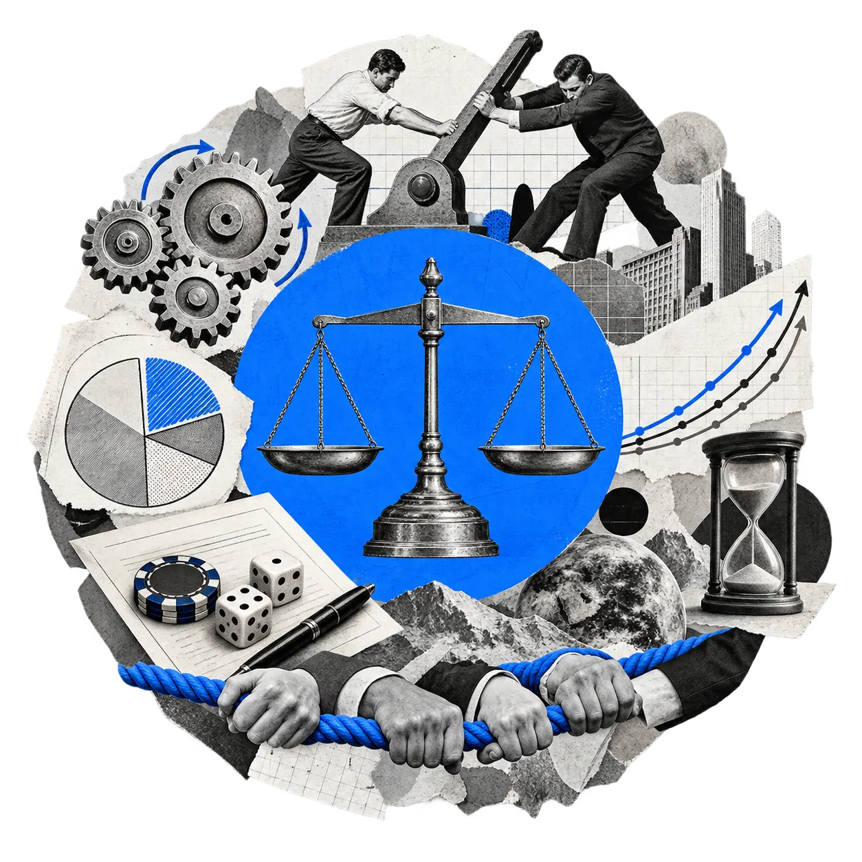 Collage: a level balance in a blue circle, two men on the same lever, gears, dice and many hands on one rope