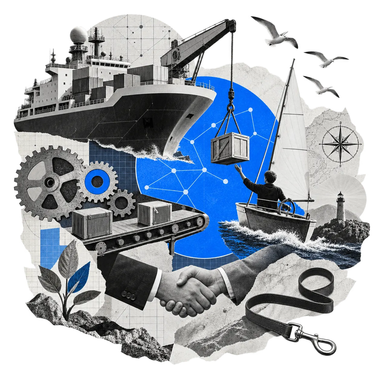Collage: ein großes Frachtschiff, das per Kran eine Kiste an ein kleines Segelboot übergibt, ein Förderband mit Kisten, ineinandergreifende Zahnräder, ein Handschlag und eine lose liegende Leine