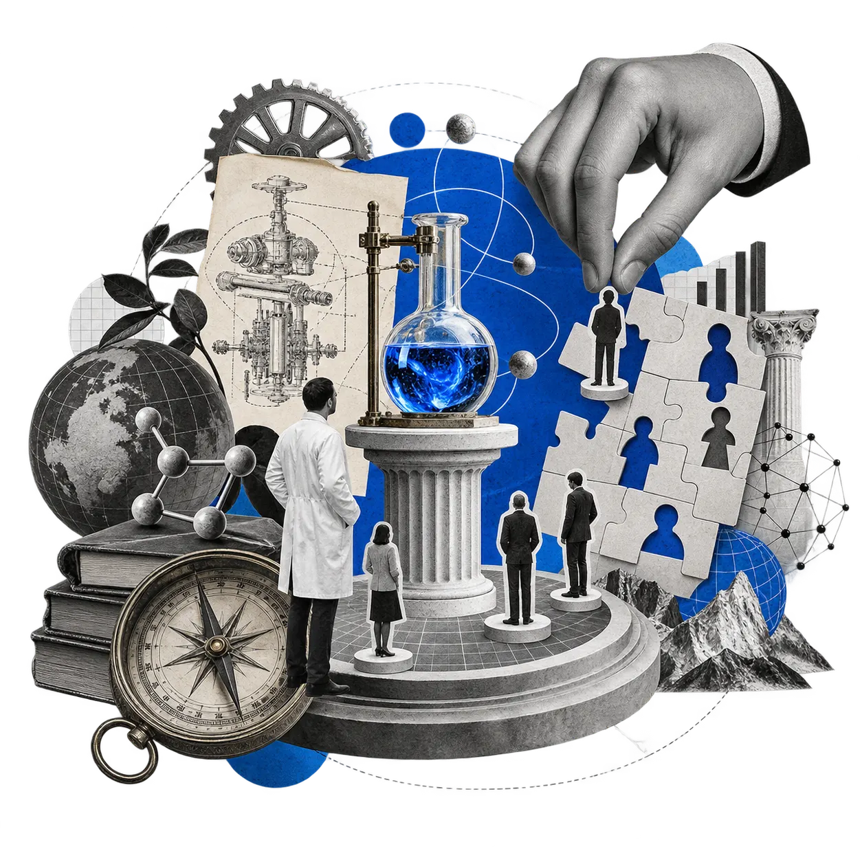 Collage: a flask of glowing blue liquid stands on a column at the centre, a researcher in a lab coat in front of it. A hand places figures like puzzle pieces into matching gaps, and the team gathers around the column.