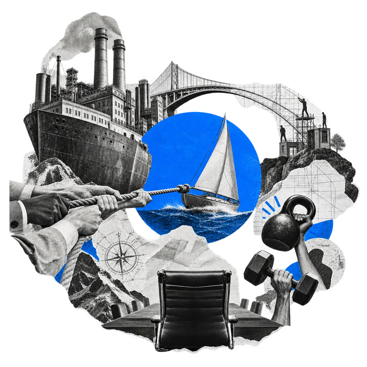 Collage: a sailing boat in a blue circle is tied by a taut rope to a large factory ship, and several hands pull the rope together. A bridge is being built between the structures, a hand lifts a kettlebell and another a dumbbell, and in the foreground an empty chair stands at a boardroom table.