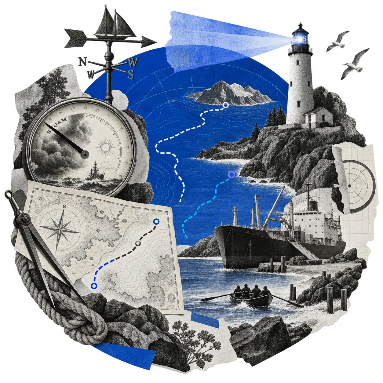Collage: a coastline with a lighthouse where a large ship and a rowing boat come ashore, a nautical chart with two routes, a barometer falling toward storm and a weathervane