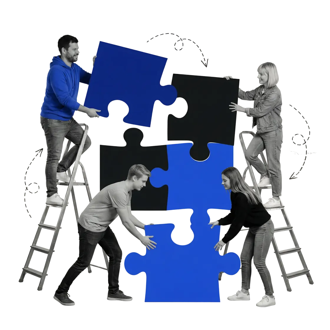 Team assembling large puzzle pieces together