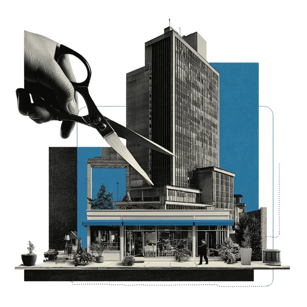 Activities collage: a hand with giant scissors cutting a modernist office tower out of its block, set against a blue square