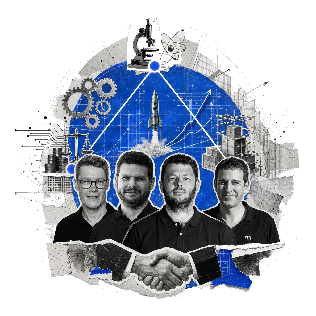 mantro Managing Partners: a circular collage of the four managing partners in front of a blue blueprint circle with a rocket launch, gears and a handshake