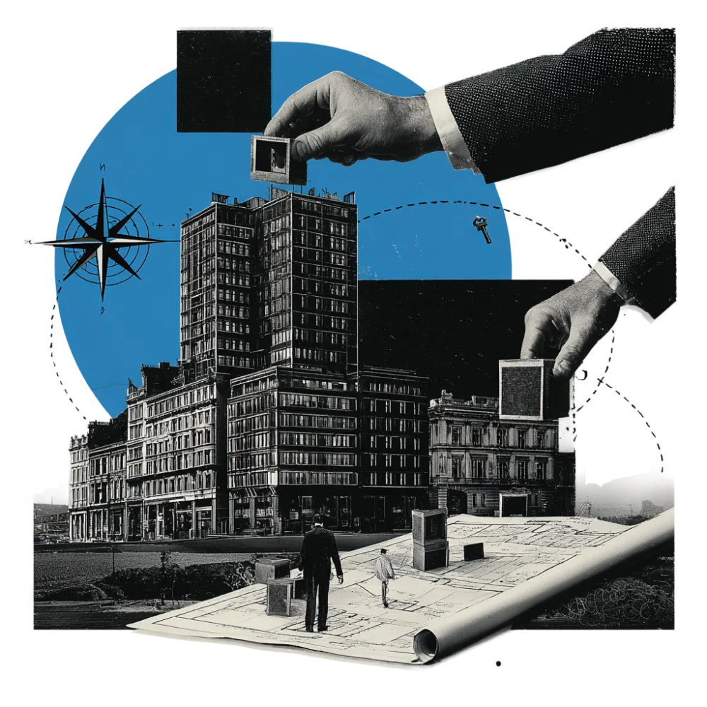 Services collage: modernist office towers on a large blue circle, giant hands placing black blocks, a compass rose and two tiny men walking on an unrolled blueprint